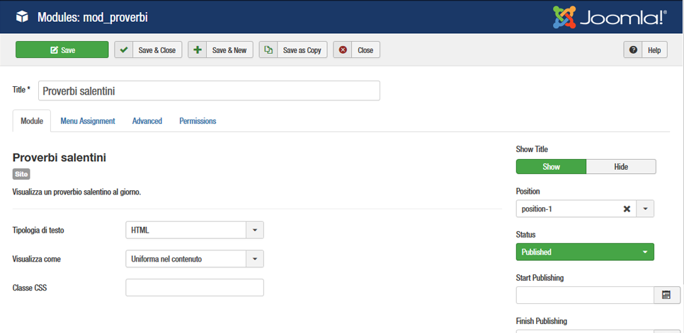 Proverbi salentini configurazione modulo Joomla